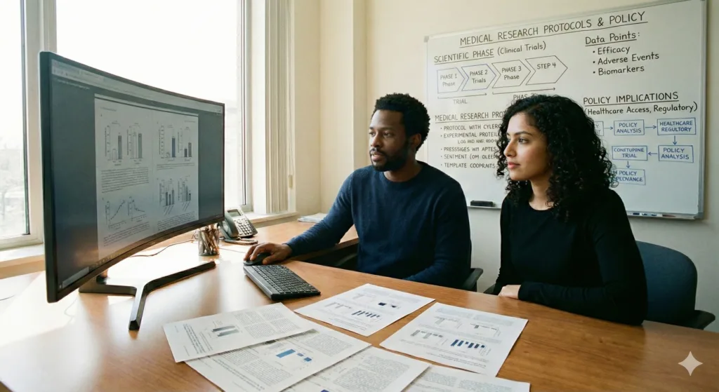 A pair of researchers collaborating in front of a computer